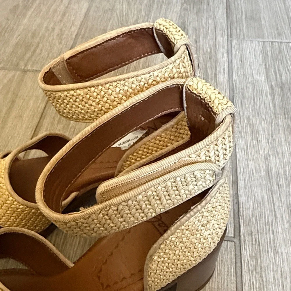 Zodiac IDA Woven‎ Raffia Block Heel Sandals Beige Ankle Strap SZ 8